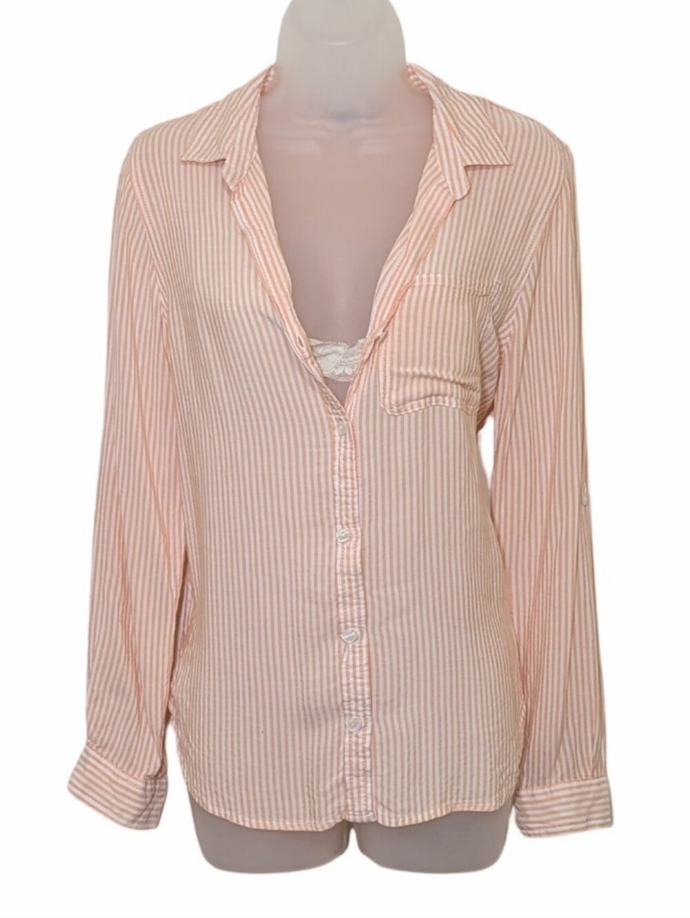 Velvet Heart | White & Peach Striped Button-Front Shirt | Summer | Casual | Chic